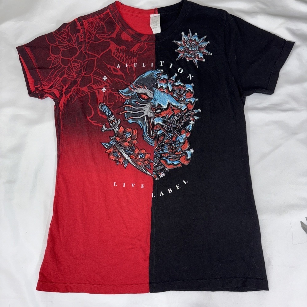Affliction Womens T-shirt L Split Two Tone Biker Red Black Rose Skull Biker